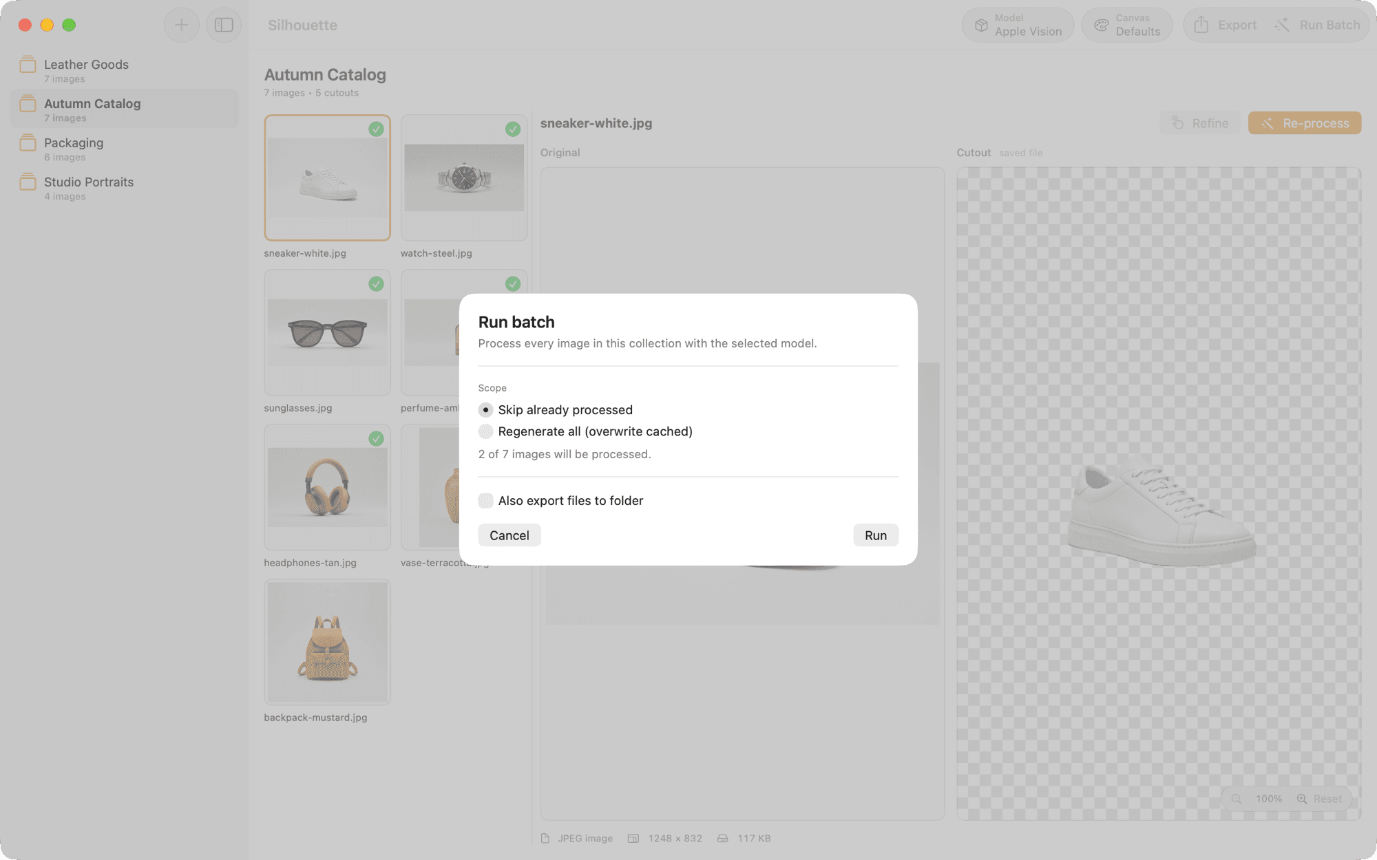 Batch run — Export a thousand cutouts in a single click.