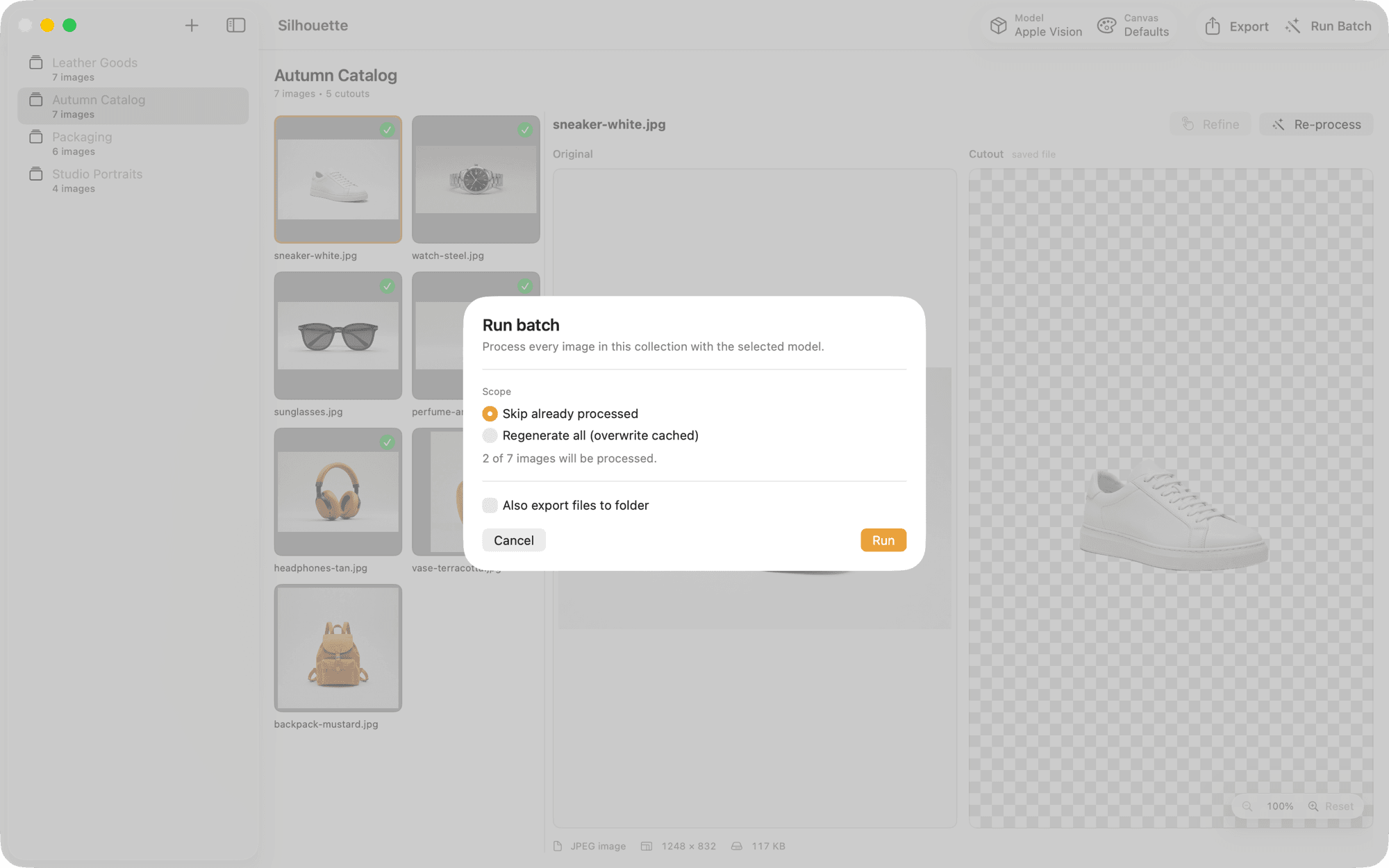 Batch run — Export a thousand cutouts in a single click.