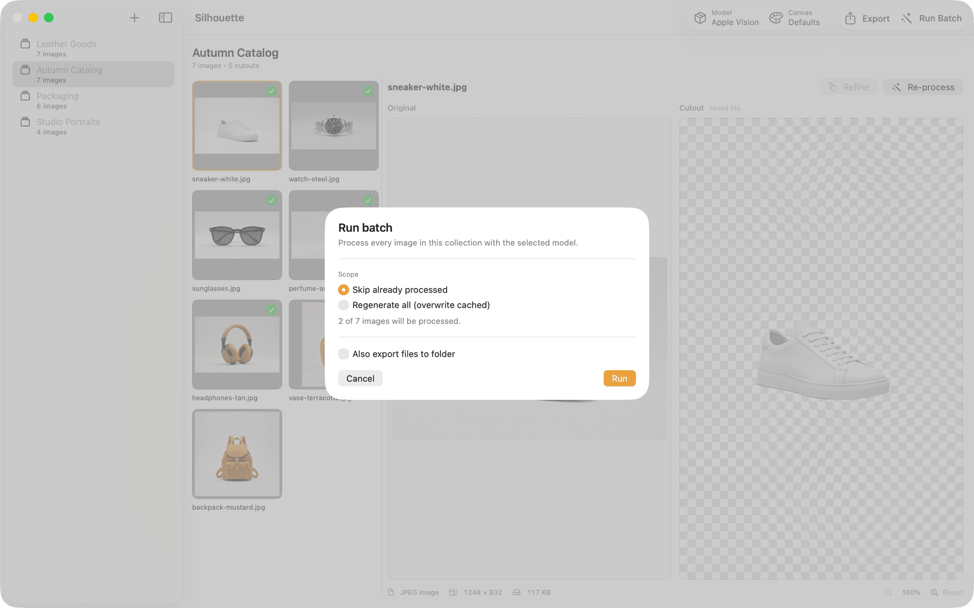 Batch run — Export a thousand cutouts in a single click.