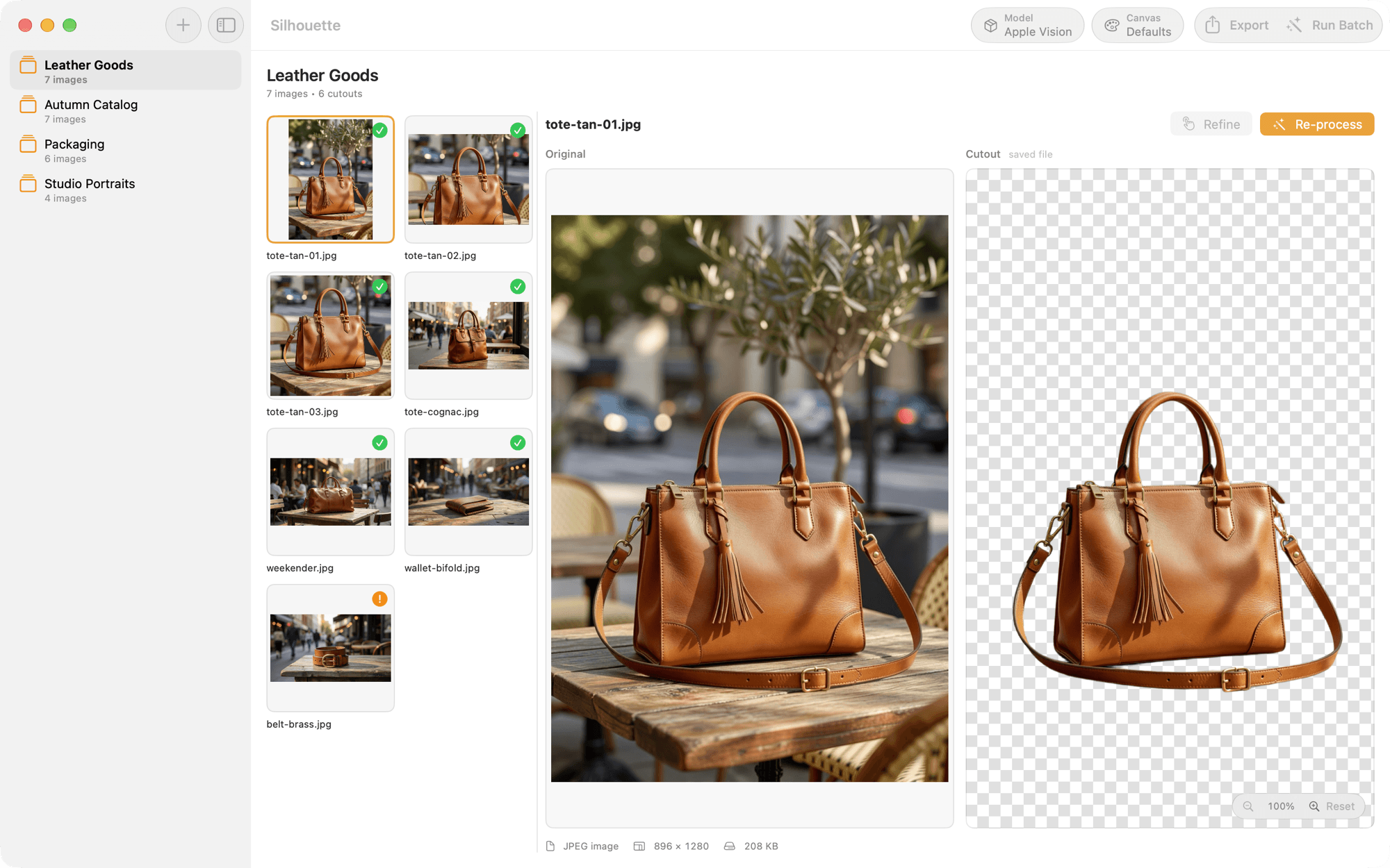 The editor — Drop in a shoot, tune the edge, preview transparency.