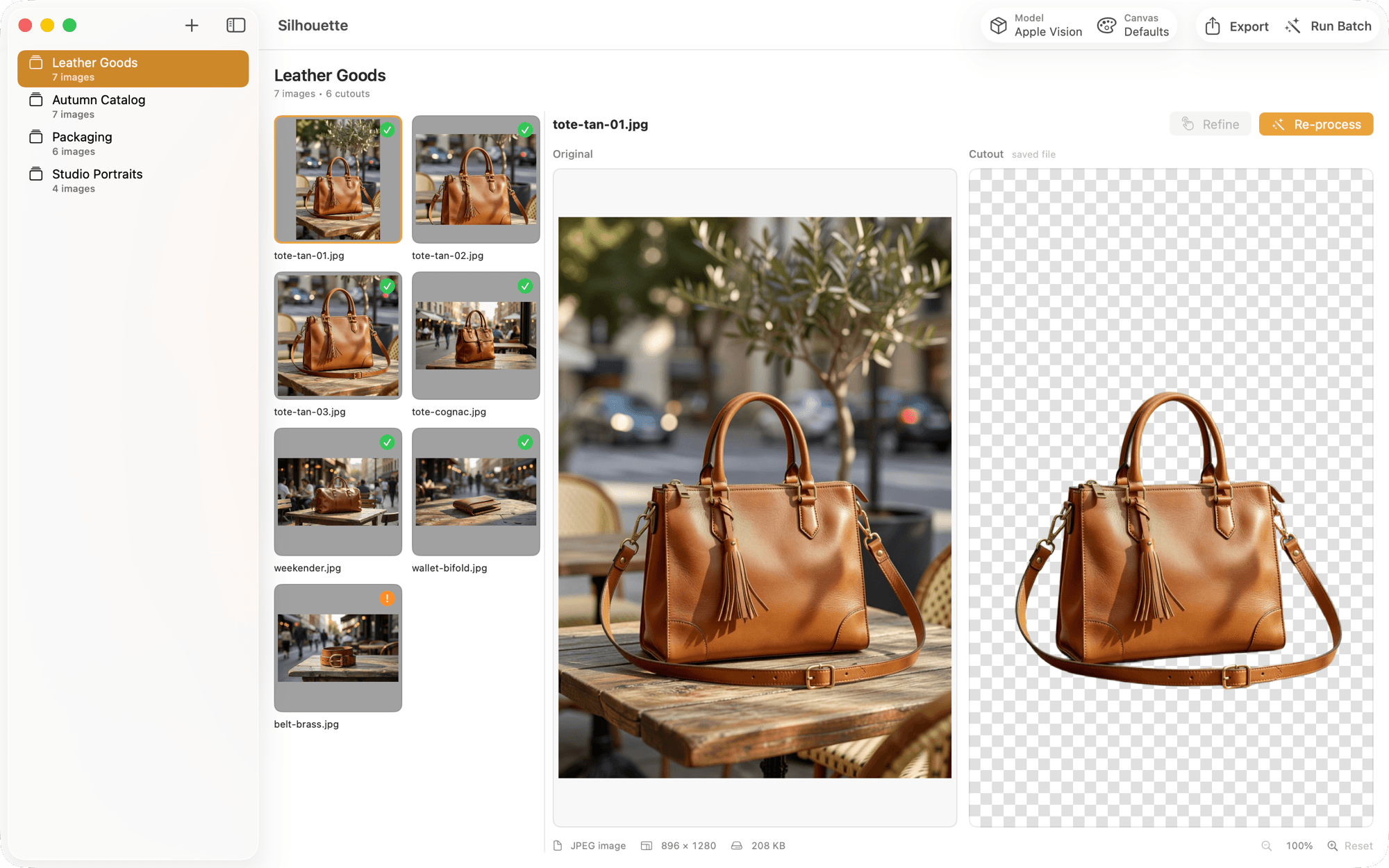 The editor — Drop in a shoot, tune the edge, preview transparency.