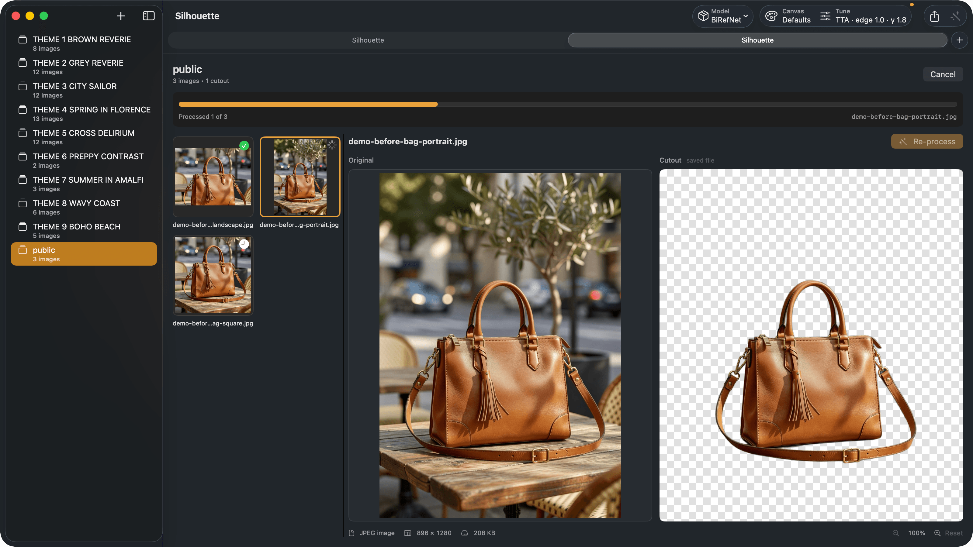 The editor — Drop in a shoot, tune the edge, preview transparency.
