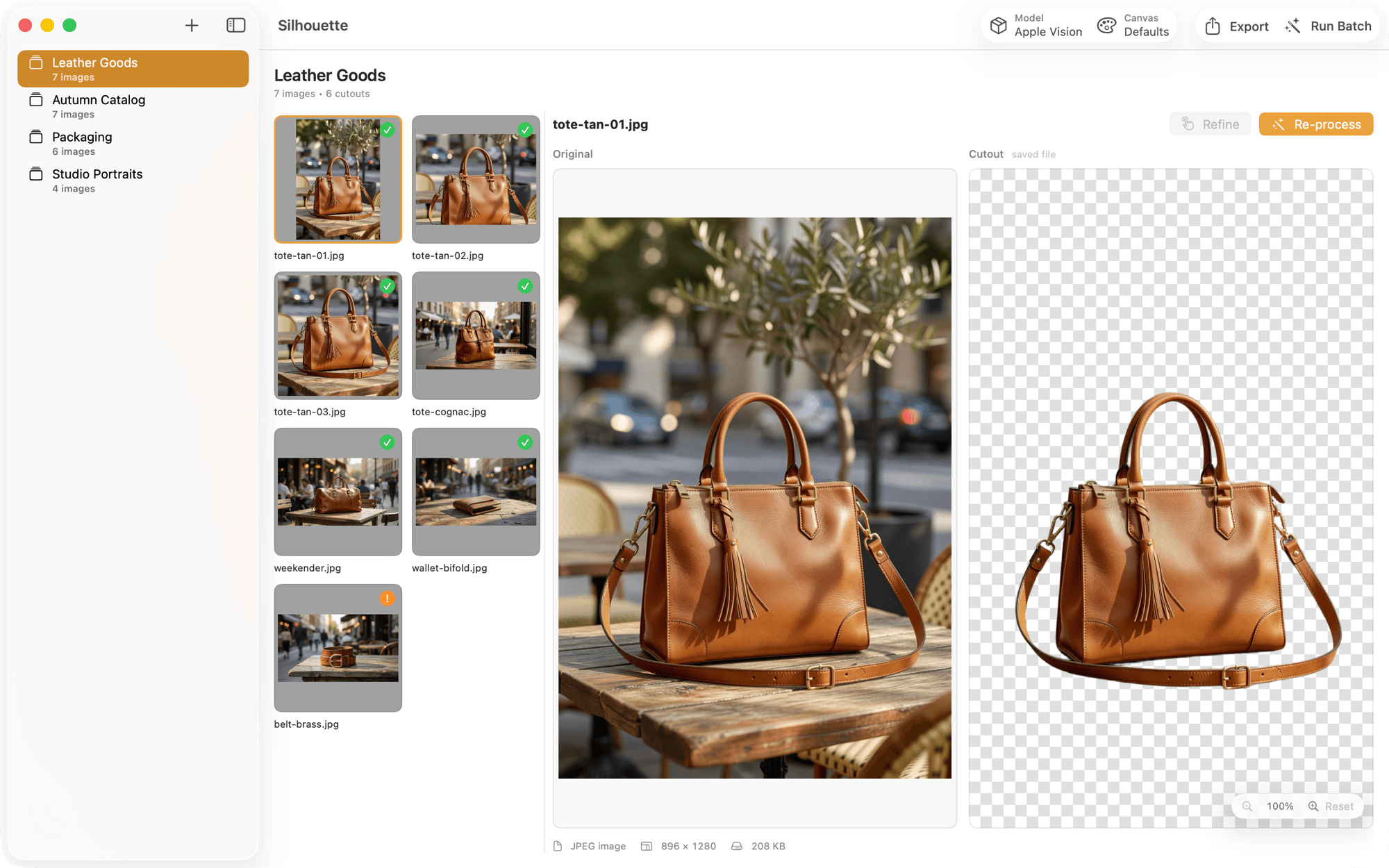 The editor — Drop in a shoot, tune the edge, preview transparency.