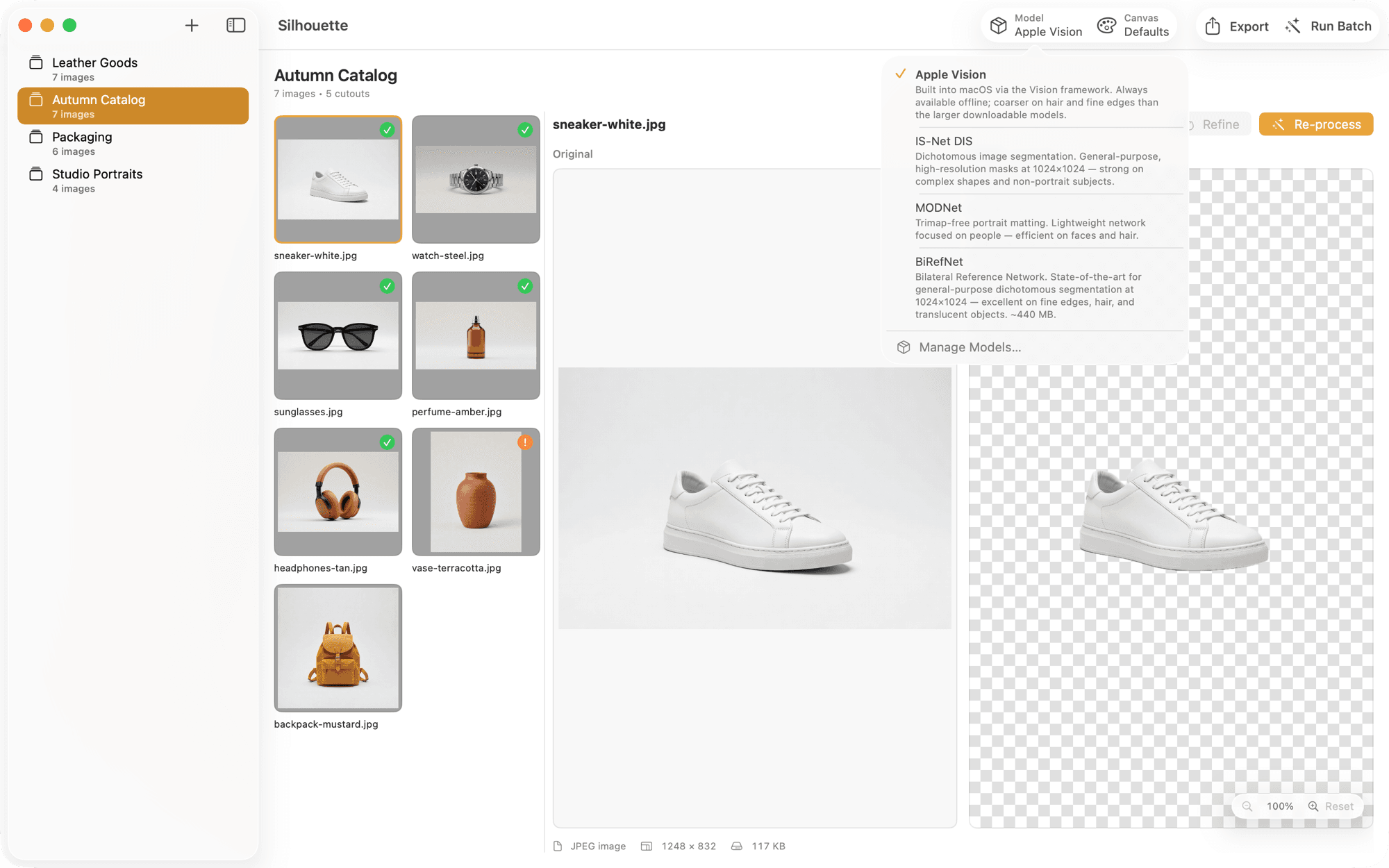 Model picker — Four matting engines. Download once, run offline.