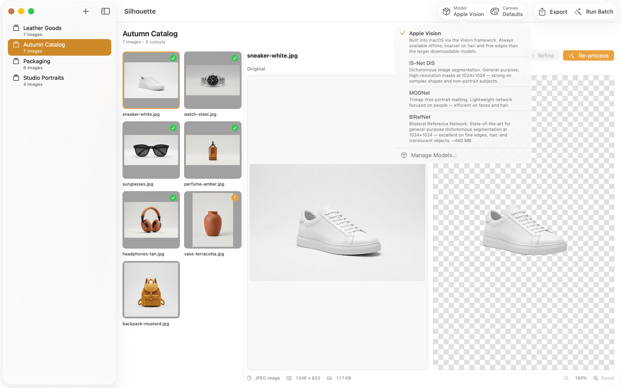 Model picker — Four matting engines. Download once, run offline.