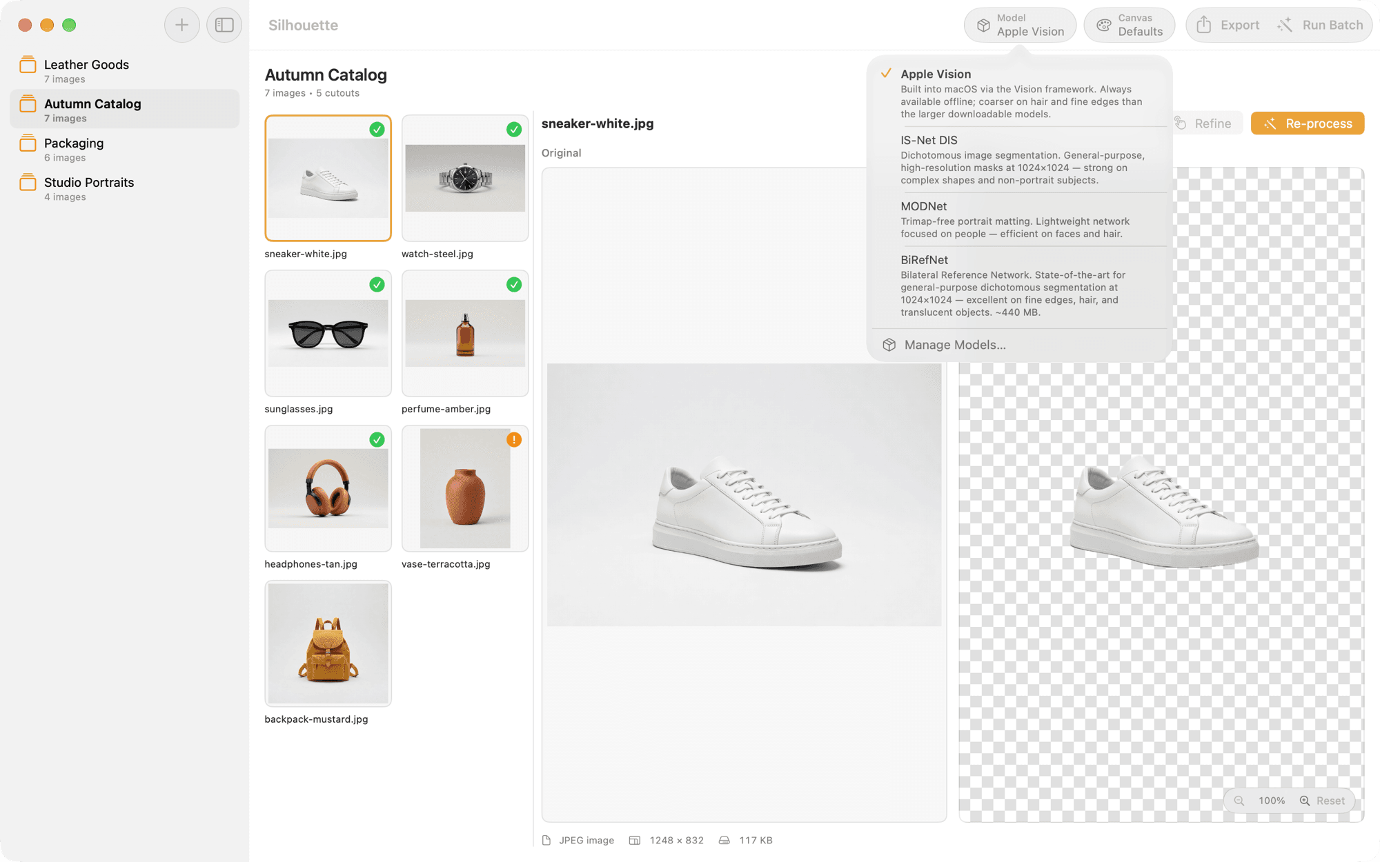 Model picker — Four matting engines. Download once, run offline.