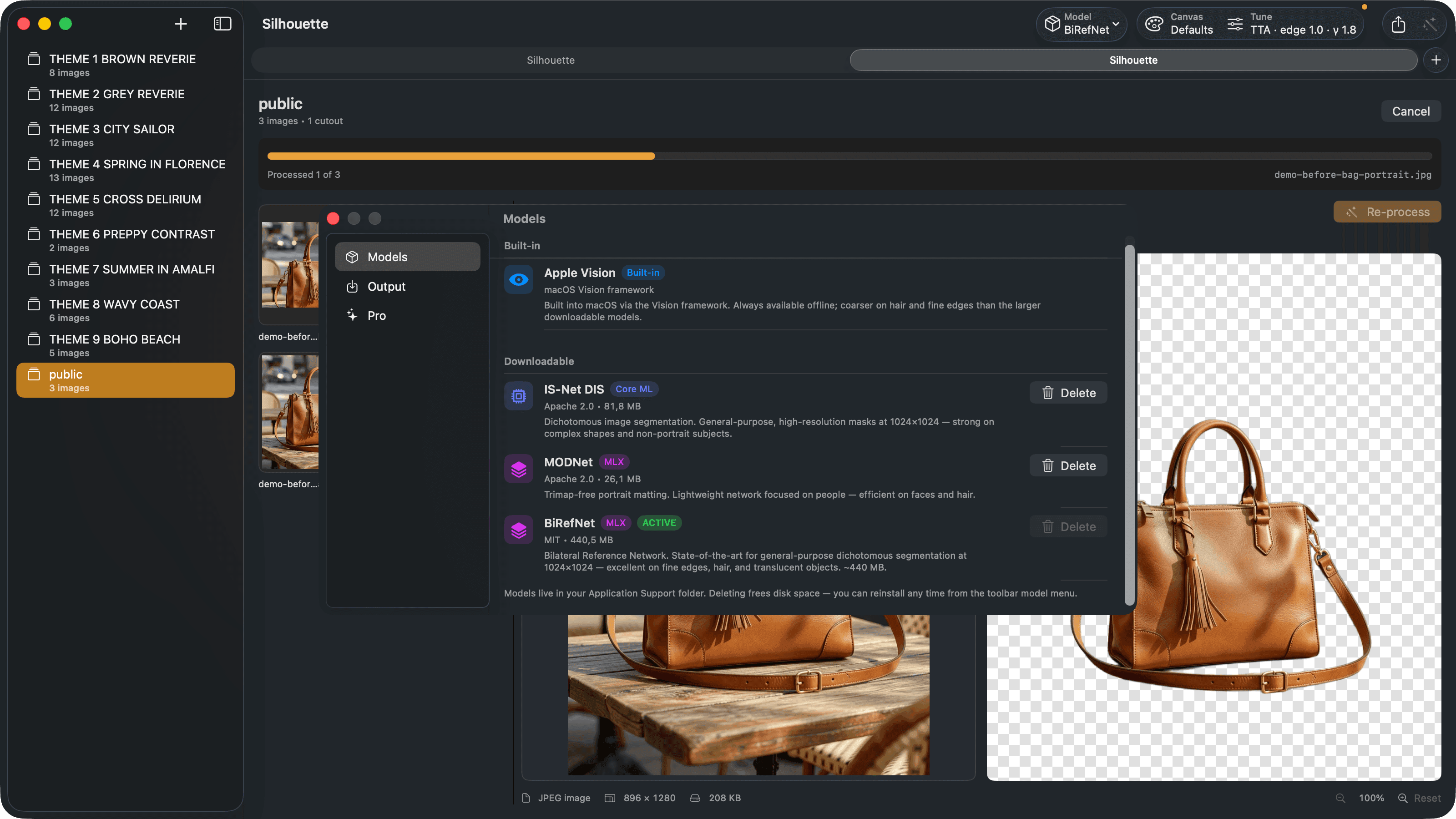 Model picker — Four matting engines. Download once, run offline.