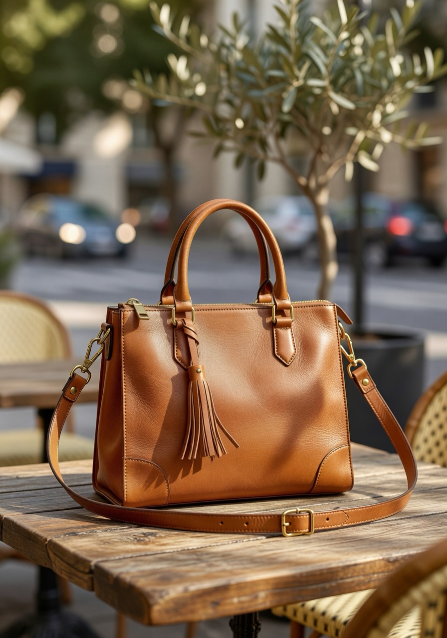 Leather handbag on café table with Parisian street in background