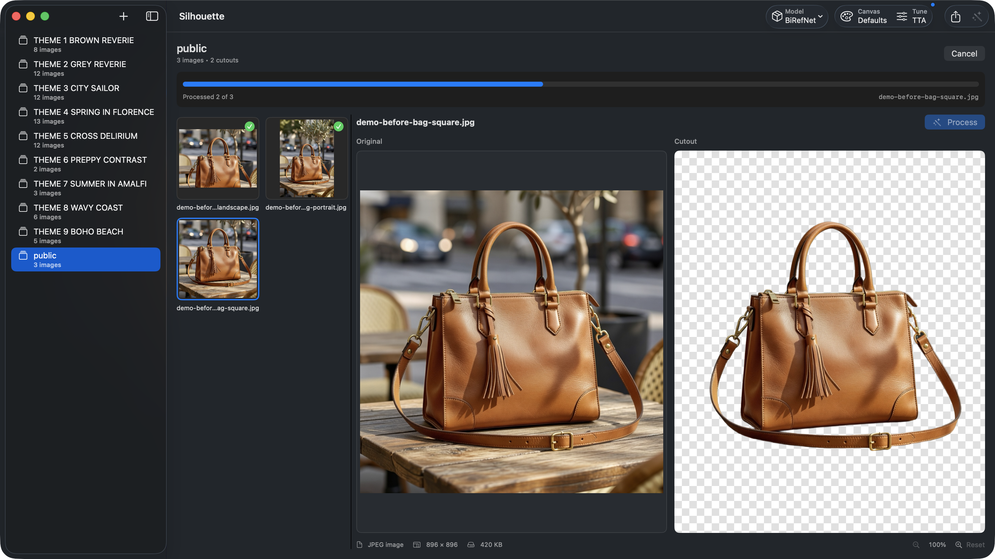 Silhouette app: sidebar of themed collections, grid of source images, and an inspector panel showing the source image alongside its cutout with a transparent checkerboard background